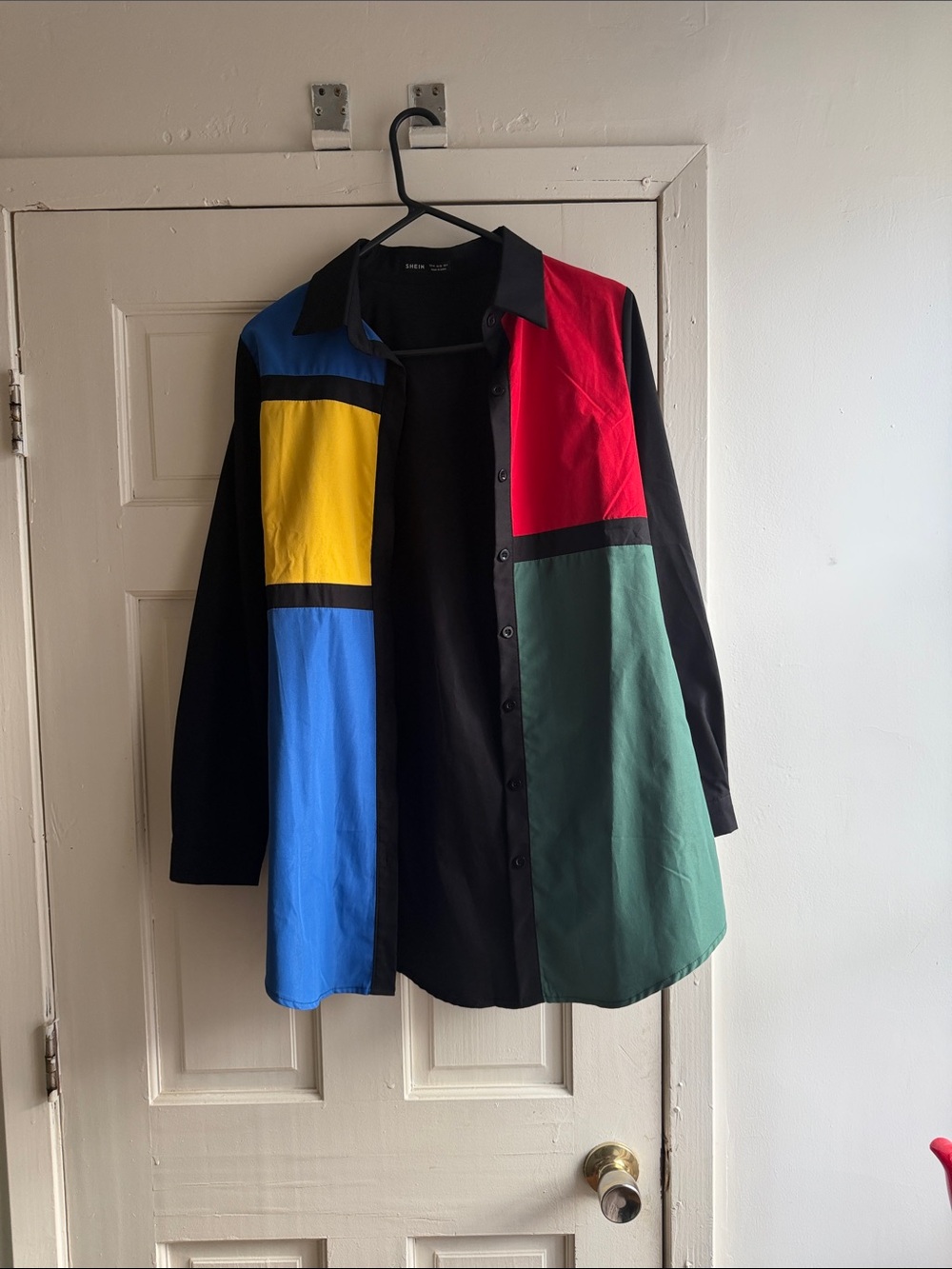 SHEIN Colorblock Button-Down Shirt Jacket in Black, Red, Blue, Yellow, Green